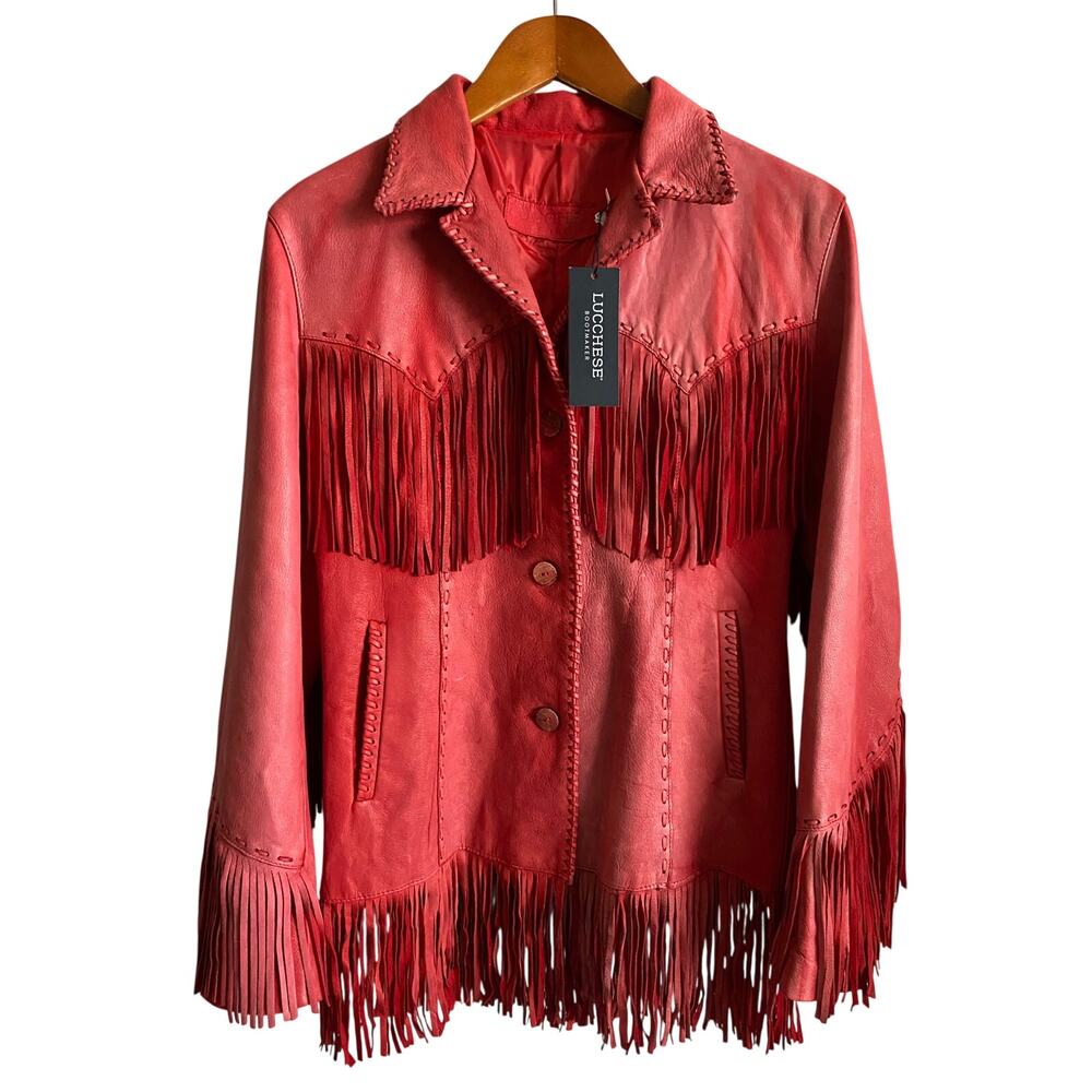 Lucchese Red Leather Tallulah Fringe Jacket Womens Sz Medium